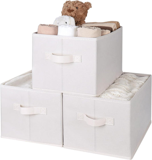 WUIKE Storage Baskets for Shelves, Fabric Storage Bins with Handles, Foldable Shelf Basket for Closet Organizers and Storage, Closet Storage Bins for Organizing, Beige, Large, 3-Pack