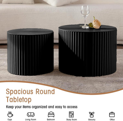 Round Coffee Table Set of 2, Nesting Coffee Table and End Table Set Small Circle Drum Side Table for Living Room Office, No Assembly (A Black Large)