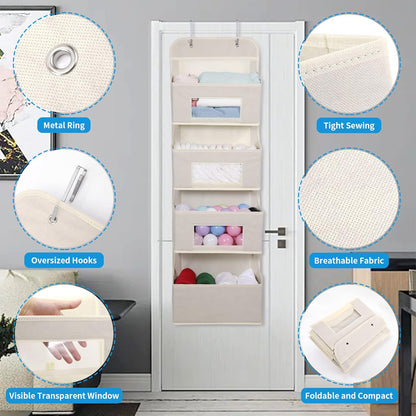 MAX Houser 4-Shelf Over The Door Hanging Organizer with 2 Metal Hooks, 4 Pocket Swing-Proof Behind Door Organizers with Clear Windows for Nursery Bathroom Closet,Dorm,Baby Diapers, Kids Toys (Beige)