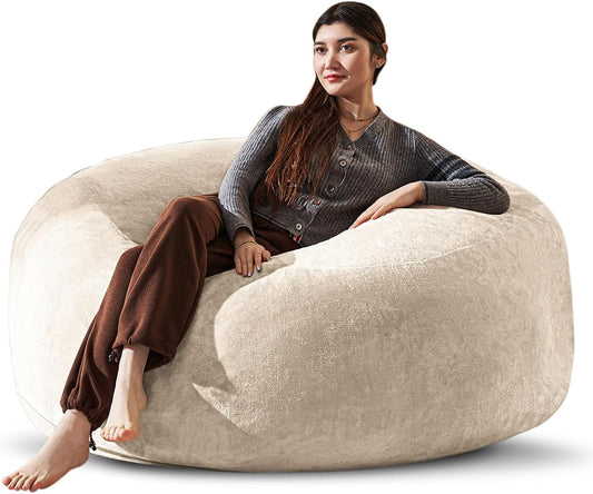 Bean Bag Chair 4Ft, Memory Foam Filled, Large Beanbag Chairs for Adults and Teens, Soft Sofa with Removable Flannel Cover, Round Couch for Living Room Bedroom College Dorm (Apricot, 4FT-47×47"×24")