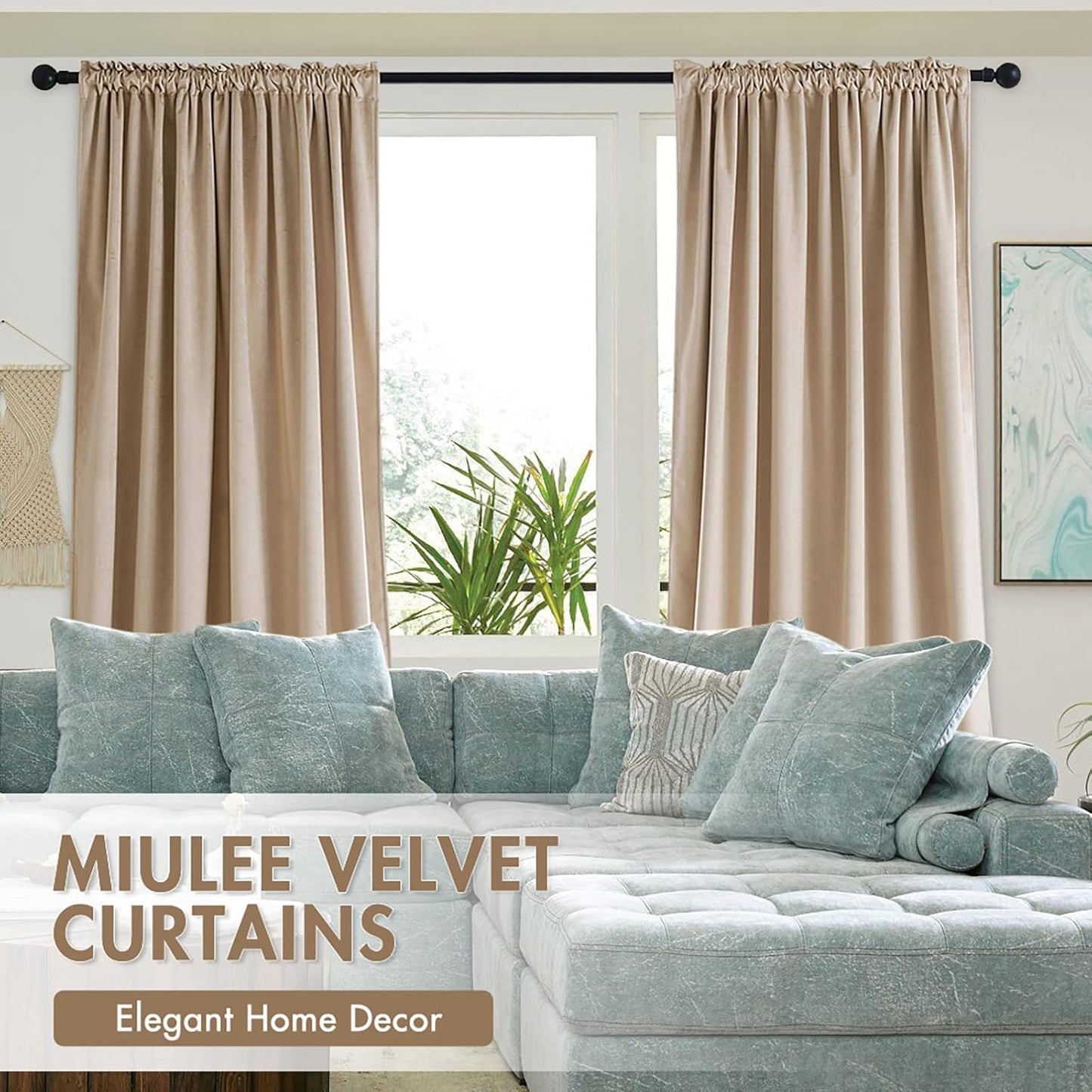 MIULEE Camel Beige Velvet Curtains Thermal Insulated Blackout Curtain Drapes for Bedroom Living Room Darkening 108 Inches Long Curtains Panels Rod Pocket Set of 2