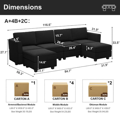 Belffin Modular Sectional Sofa with Reversible Chaises Velvet U Shaped Sectional Couch with Storage Seat Black