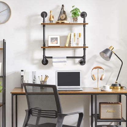 IBUYKE Pipe Floating Shelves,Rustic Iron 28.5 inches Industrial Pipe Shelf,2-Tier Wall Shelf with Towel Bar,Wall Mount Bookshelf for Bedroom,Kitchen,Living Room,Bathroom URF-TM014