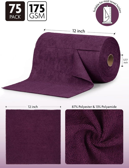 Fantasticlean Microfiber Cleaning Cloth Roll -75 Pack, Tear Away Microfiber Towels, 12" x 12", Reusable, Washable, Scratch Free, Ultra Absorbent Dish Rags for Car, Home, Garage or Shop (Dark Purple)