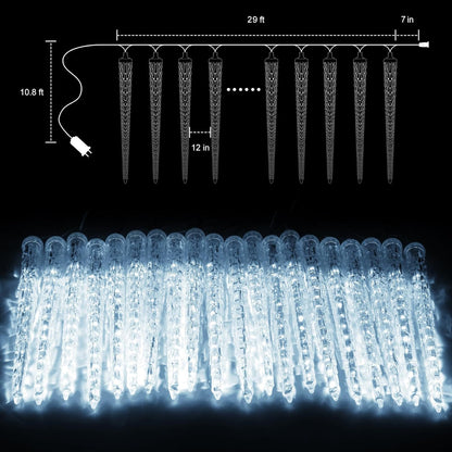Brightown Christmas Meteor Shower Icicle Lights Outdoor, 30ft with 30 Tube 720 LED Dropping Effect, Waterproof Decorations for House Eave Roofline, Warm White