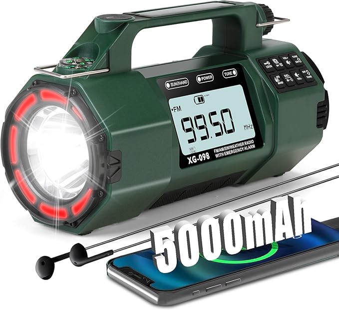 Emergency Weather Radio, 5000mAh Replaceable Battery, Solar Hand Crank Radio with AM/FM/SW/NOAA Alert, Sleep Timer Alarm Clock, Compass Cell Phone Charger, Headphone Jack, Flashlight and SOS Siren