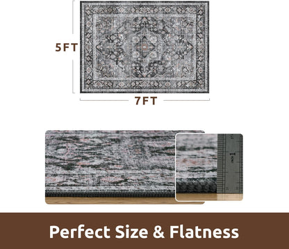 AMOAMI-Area Rug 5X7 Rugs for Living Room-Vintage Soft Black Rugs for Bedroom-Non Slip Carpet-Machine Washable Rug for Dining Room Living Room Bedroom Office Under Table Dark Grey & Black
