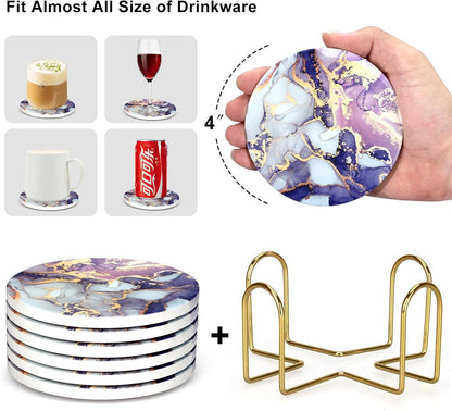 Purple Agate Coasters with Holder Drink Coaster Set of 6 Modern Marble Coasters Unique Coaster for Coffee Table Decor Gift Women Kitchen Accessories Bar Coster Cup Cool Cute Ceramic Coasters