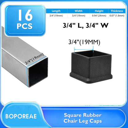 16 Pcs 3/4" x 3/4" Square Rubber Chair Leg Caps, PVC Table Leg Covers, Flexible & Anti-Slip Furniture Leg End Caps, Chair Leg Floor Protectors for Bar Stool Leg Patio Indoor, Black