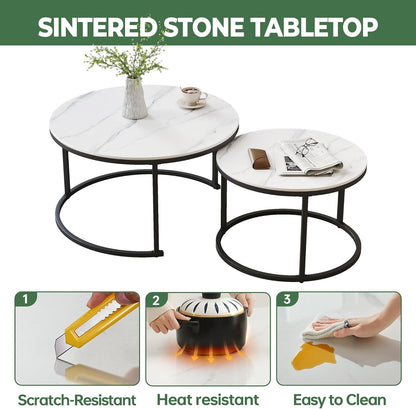 Modern White Coffee Table Set of 2 - Sintered Stone Top & Sturdy Metal Base, fo Living Room Bedroom Apartment