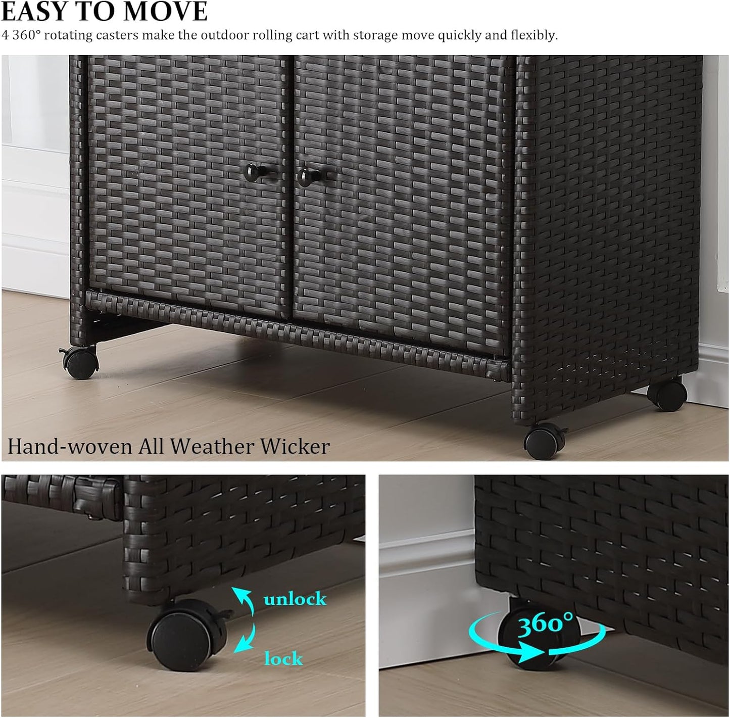 Outdoor Wicker Storage Cabinet - Patio Bar Table with Wheel,Outdoor Buffet Cabinet Movable,Garden Weather-Proof Bar Table/Cart for Indoor&Outdoor (Dark Brown)