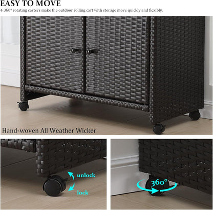 Outdoor Wicker Storage Cabinet - Patio Bar Table with Wheel,Outdoor Buffet Cabinet Movable,Garden Weather-Proof Bar Table/Cart for Indoor&Outdoor (Dark Brown)