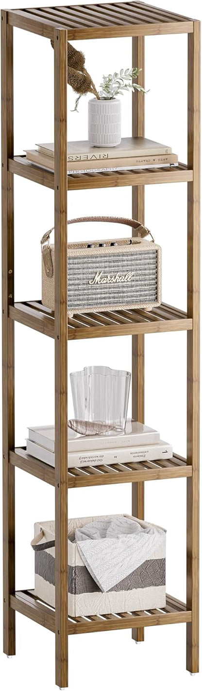 SMIBUY Bathroom Storage Shelf, 5-Tier Bamboo Rack Organizer, Multifunctional Shelving Unit for Living Room Bedroom Kitchen (Walnut)