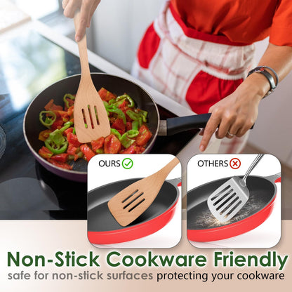 Wooden Spoons for Cooking, 8 Pcs Beech Wood Wooden Kitchen Cooking Spoon Utensil Tools Set Includes Spatula Skimmer Pasta Scoop Non-Stick Cookware Safe by HOWHONG