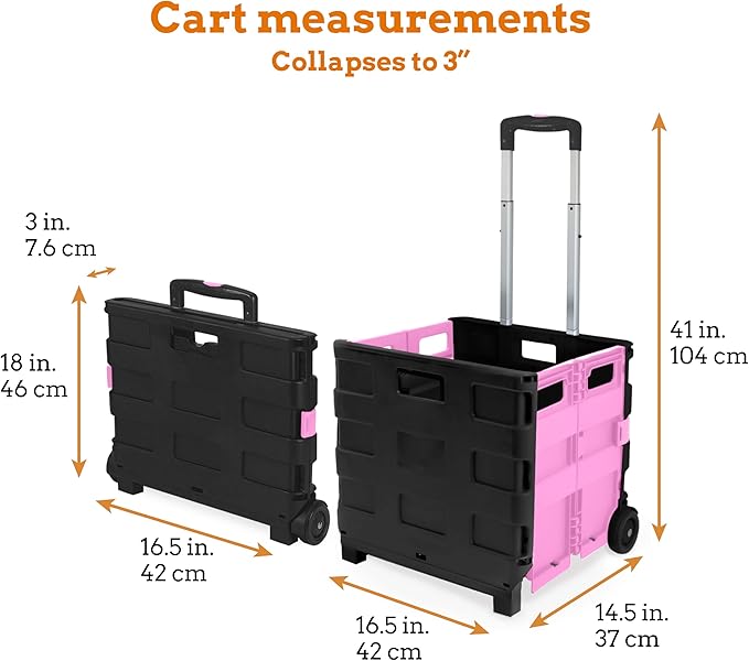 Inspired Living Ultra-Slim Rolling Collapsible Storage Pack-N-Roll Utility-carts, with Telescopic Handle, for Home, Garden, Shopping, Office, School use, Large, Pink & Black