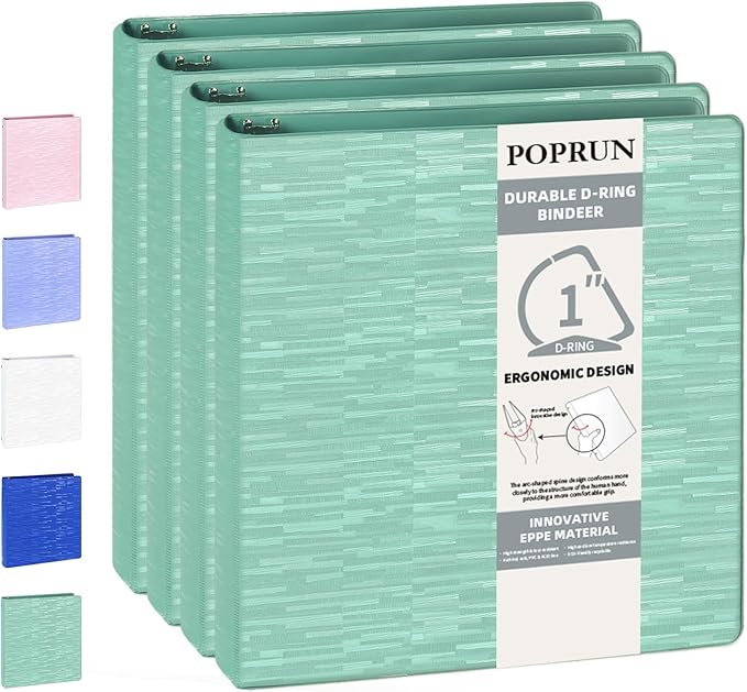 POPRUN 3 D Ring Binder 1 Inch, PVC-Free, Holds 225 Sheets of 8.5 x 11 Paper, Extra Durable Organizer with 2 Pockets for School & Office, Heavy-Duty, 4 Pack, Midnight Green