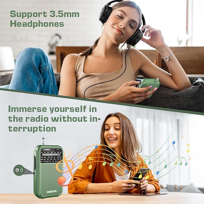 XHDATA D220 Portable AM FM SW Shortwave Receiver Pocket Radio, 2 AA Battery Operated, Transistor Radios with Excellent Reception for Family or Elder (Green)