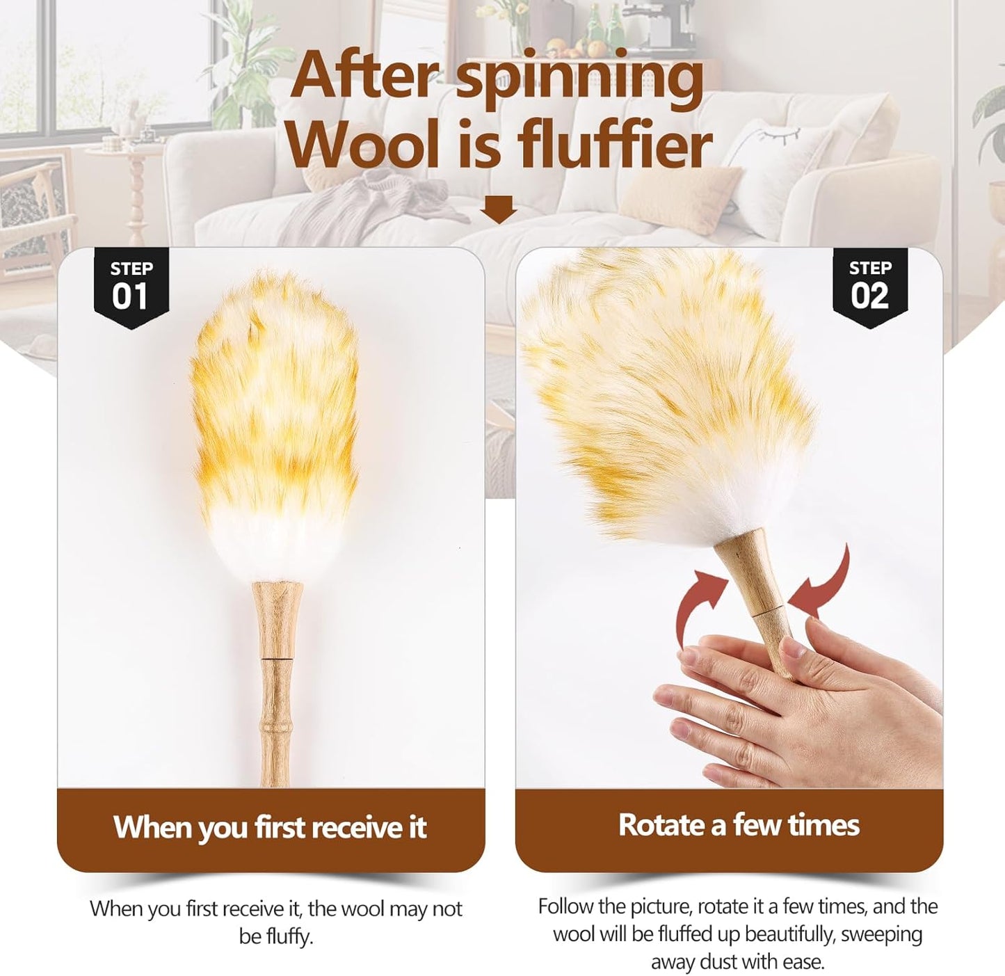 Lambswool Duster for Cleaning with Solid Wooden Handle Leather Hang Strap 14.9 inch Natural Feather Duster for Cleaning Ceiling Fans Window Blinds Computer Furniture(2 Pack)