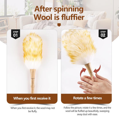 Lambswool Duster for Cleaning with Solid Wooden Handle Leather Hang Strap 14.9 inch Natural Feather Duster for Cleaning Ceiling Fans Window Blinds Computer Furniture(2 Pack)