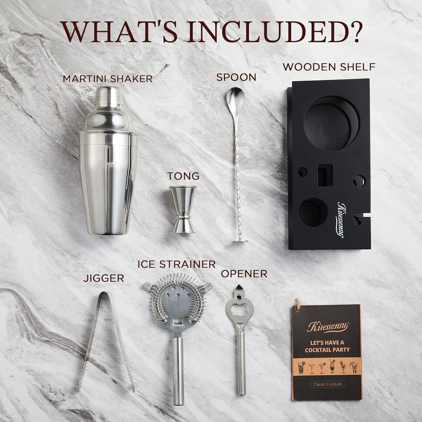 KITESSENSU Cocktail Shaker Set Bartender Kit, 6-Piece Silver Bar Set with Stand, Bar kit with Essential Bar Accessory Tools: Martini Shaker, Jigger, Strainer, Bar Spoon, Tongs, Opener