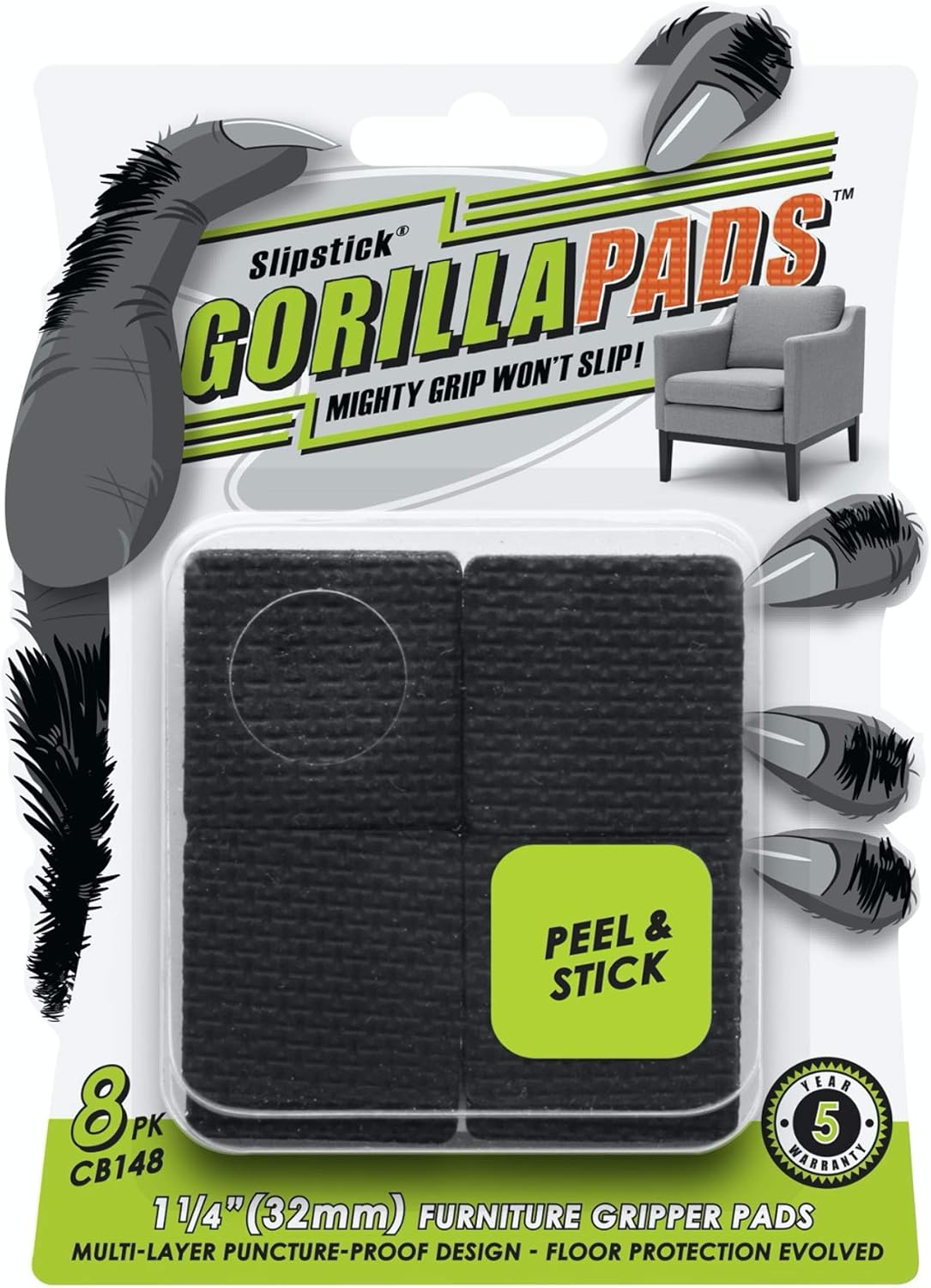 Slipstick GorillaPads CB148 Non Slip Furniture Pads/Rubber Gripper Feet (Set of 8) Self Adhesive Anti-Skid Floor Protectors, 1-1/4 inch Square, Black