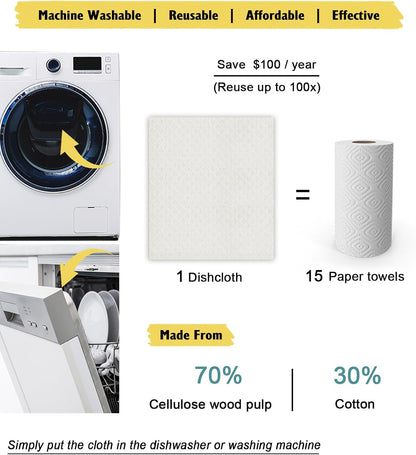 Swedish Dishcloths for Kitchen | 10 Pack Absorbent Cellulose Sponge Cloths Washable | Non-Scratch Reusable Paper Towels Quick Drying Cleaning Rag - White
