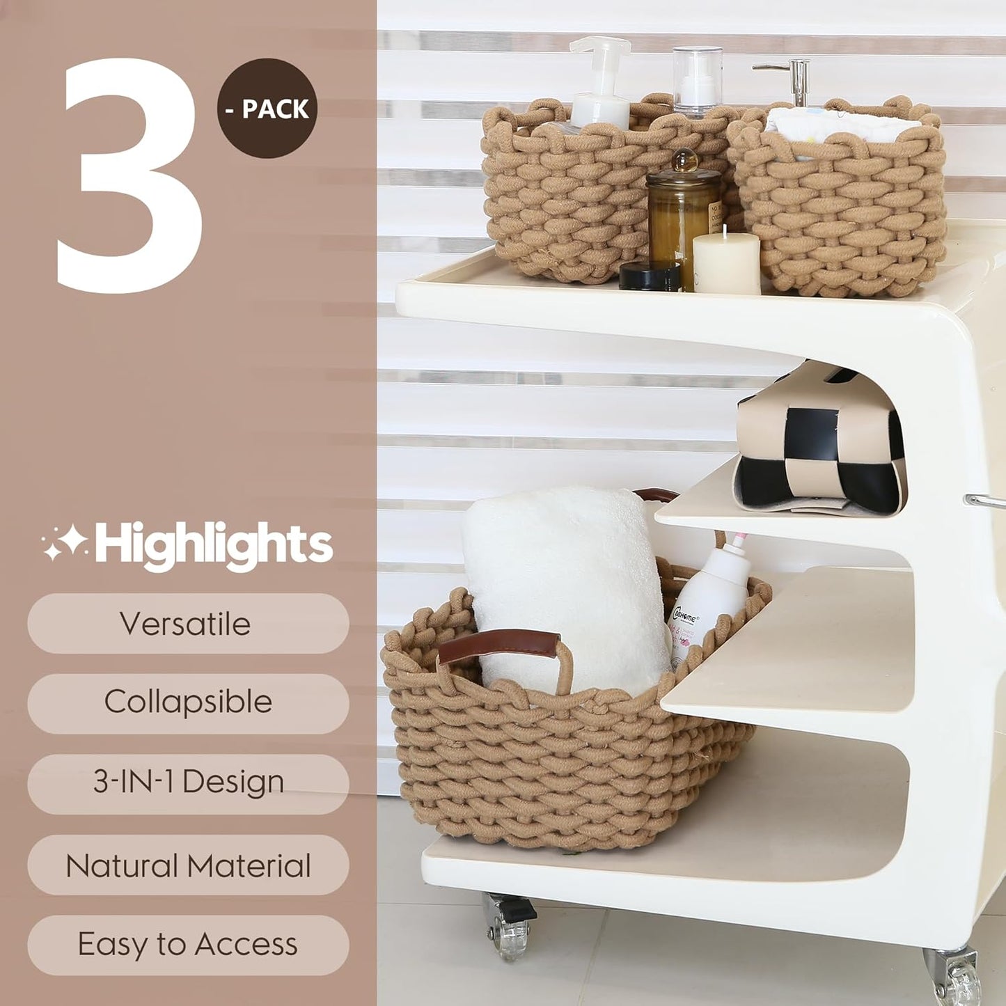 Sea Team 3-Pack Rectangle Woven Cotton Rope Storage Baskets with Handles, Shelf Basket, Closet Organizers, 3-in-1, Khaki