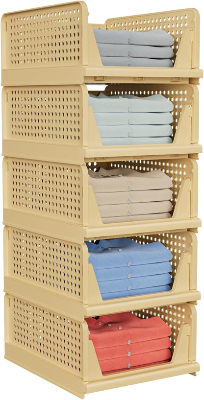 5 Pack Stackable Closet Storage Basket - Stackable Storage Bins, Multifunctional & Foldable Closet Organizer, Wardrobe Cupboard Space-Saving Hat Storage Drawer Organizer, Yellow