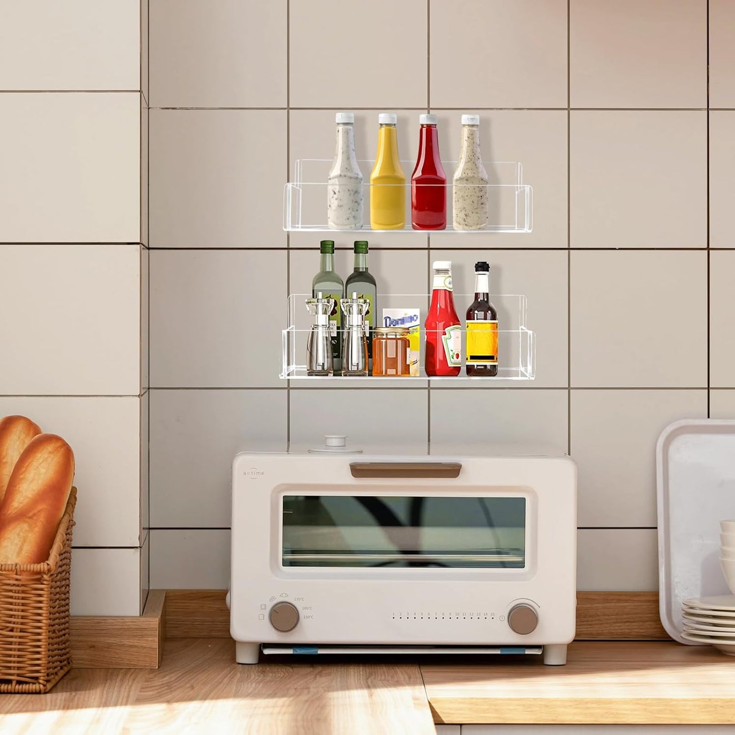 Acrylic Spice Rack Wall Mount-9 Inch, Clear Spice Shelf Storage Holder, 4 Pack Hanging Seasoning Rack Organizer for Cabinet Door, Cupboard or Wall Kitchen (Adhesive or Screw)