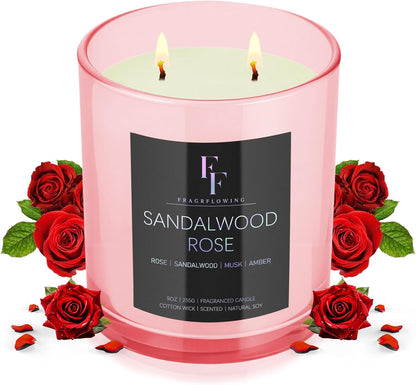 Sandalwood Rose Scented Candle, 2-Wick Luxury Soy Wax Candle, 9 oz Aromatherapy Candle Home Fragrance Candles Gift