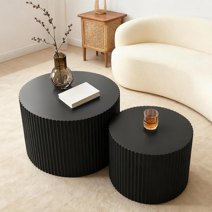Round Nesting Coffee Table Modern Black Fluted Coffee Table Set of 2 for Living Room Circle Drum Coffee Tables Round Nesting Tables for Small Spaces (Black B 27in)