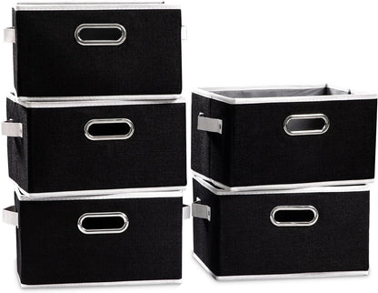 PRANDOM Fodable Storage Baskets for Closet [5-pack] Decorative Fabric Storage Bins Cubes with Leather/Metal Handles for Shelves Bedroom Living Room Black (11.5x8.5x6.7 Inch)