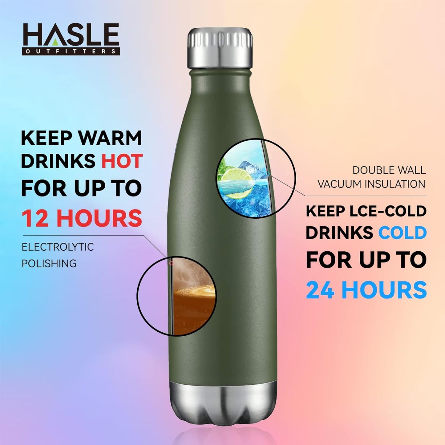 HASLE OUTFITTERS 17oz Stainless Steel Water Bottles Bulk, Vacuum Insulated Water Bottles Double Walled Powder Coated Reusable Metal Sports Water Bottles Keep Drinks Hot and Cold, ArmyGreen, 4Packs