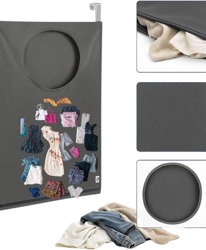 Hanging Laundry Hamper Bag – Space-Saving Dirty Clothes Storage with Free Adjustable Stainless Steel Over-the-Door Hooks & 2 Suction Cup Hooks – Ideal for bathrooms, bedrooms & dorms