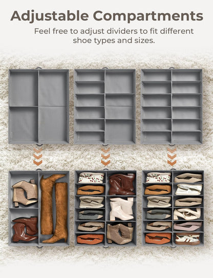 StorageWorks Under Bed Shoe Storage Organizer, Underbed Shoes Container with Adjustable Dividers, Shoe Storage Basket with Cover, Grey, 2-Pack, Space-Saving Shoe Box Fits up to 24 Pairs