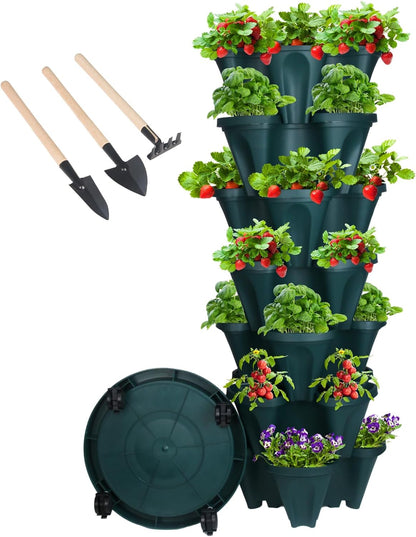 Vertical Planter 7 Tier Stackable Planters Garden Planters Strawberry Herb Flower and Vegetable Planter Indoor Outdoor Gardening Pots with Removable Wheels and Tools