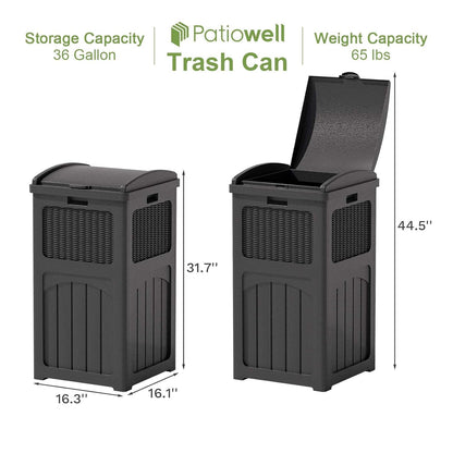 Patiowell 36 Gallon Outdoor Trash Can, Resin Outdoor Garbage Can with Lid for Patio, Backyard, Deck, Black