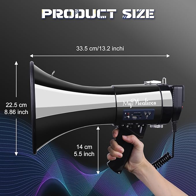 MyMealivos Bluetooth Megaphone with Siren Bullhorn 50 Watt Bullhorn Speaker with Detachable Microphone, Portable Lightweight Strap & 3.5mm Aux Input