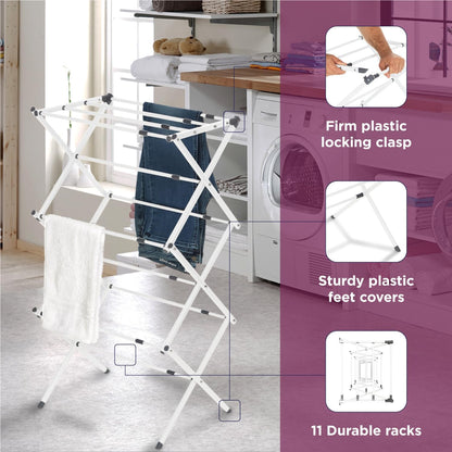 BLACK+DECKER 3 Tier Expandable Collapsing Foldable Laundry Rack for Air Drying Clothing, Space Saving Heavy Duty Lightweight Metal Drying Rack(White)