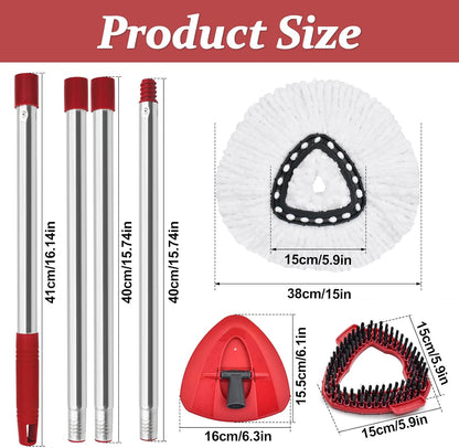 Spin Mop Handle Replacement for Ocedar, Mop Heads Replacements Compatible with O-Cedar EasyWring 1-Tank System, Include 4-Section Handle, 2 Replace Heads,1 Scrub Brush, 1 Base for O Cedar Spin Mops
