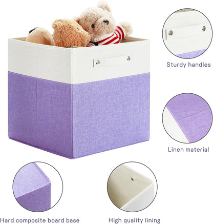 13 x 13 Inch Fine Linen Storage Bins with Handles，Fabric Cube Boxs，Collapsible Basket Organizers for Shelves for Home, Closet Drawers (White/Purple-4 Pack)