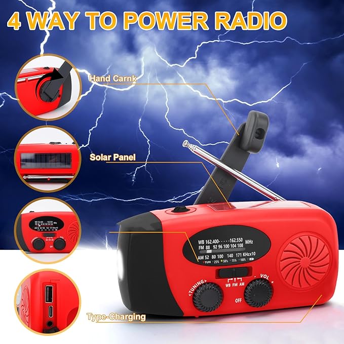 Emergency Radio, NOAA Weather Alert, LED Flashlight, 3 Power Source Emergency Radio Hand Crank, Solar and Battery Powered for Outdoor Emergency Preparedness and Camping