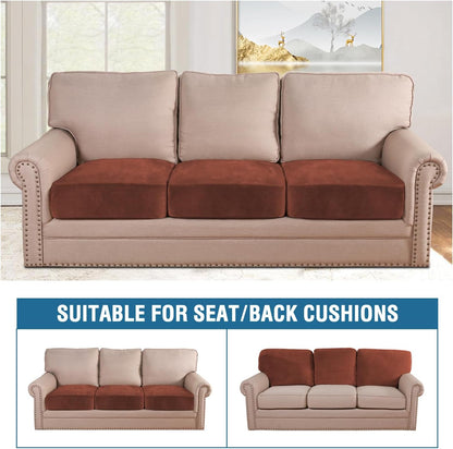 H.VERSAILTEX Velvet Stretch Couch Cushion Cover Plush Cushion Slipcover for Chair Loveseat Sofa Cushion Furniture Protector Seat Cushion Sofa Cover (3 Piece Sofa Cushion Covers, Rust)