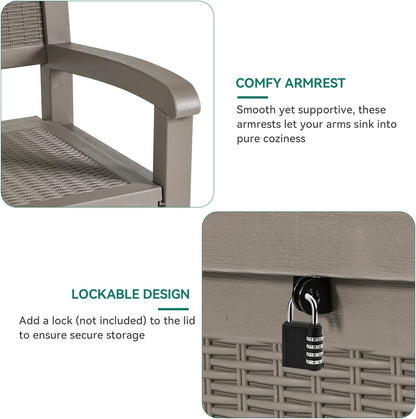 YITAHOME 70 Gallon Deck Bench with Storage, Outdoor Storage Box Bench with Armrests for Patio Garden Pool Porch, Waterproof&Lockable, Light Brown