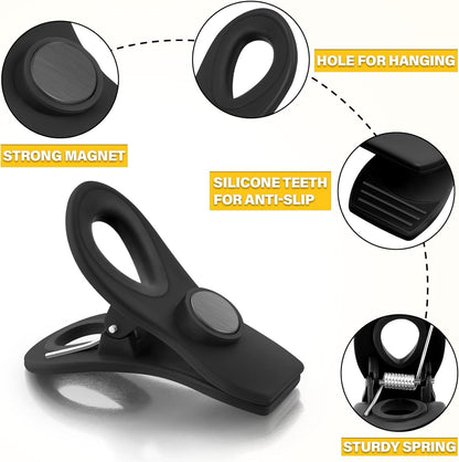 Magnetic Chip Clips, 10 Pack Plastic Bag Clips with Magnet, Black Snack Clips for Food Storage and Refrigerator