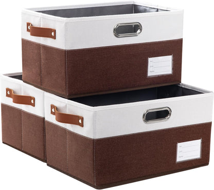 PRANDOM Foldable Storage Bins with Handles [3-Pack] Fabric Collapsible Storage Boxes Baskets Cubes Containers with Handles for Closet Living Room Bedroom (Brown & White 14.9x9.8x8.3'')