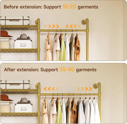 ONBRILL L4 Wall Mounted Industrial Pipe Clothing Rack, Closet Organizer System with 6 Hanging Clothes Rods ( 4 Expandable Rods) & 8 Shelves, Heavy Duty Corner Garment Rack, Large Wardrobe - Gold