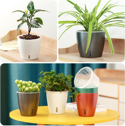 Self Watering Pots for Indoor Plants, 6-Pack 5'' Self Watering Planter with Drainage Holes, Small African Violet Pots with Water Indicator, Clear Wick Orchid Pot, Grey