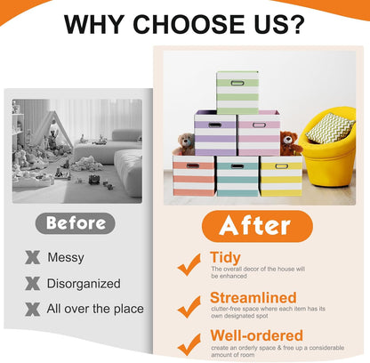 6 Pcs Fabric Storage Cubes Bins with Metal Handle Christmas Storage Bin 11 Inch Macaron Colored Striped Collapsible Bins Holiday Storages Organizer for Gift Books Kids Room Closet and Toys