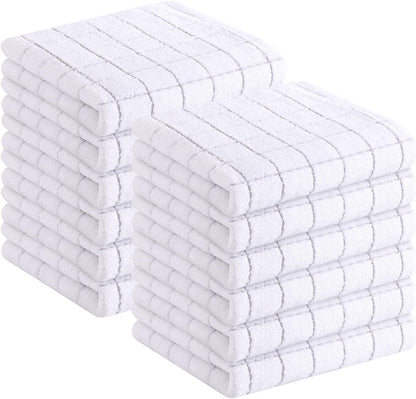 Homaxy 100% Cotton Terry Kitchen Towels(White, 13 x 28 inches), Checkered Designed, Soft and Super Absorbent Dish Towels, 12 Pack